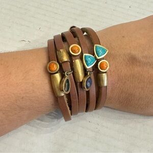 Barse Thai Brown Leather Cuff Bracelet Gemstone Turquoise, Carnelian, Lapis Boho